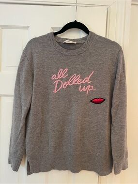 kate spade Gray Crewneck Sweater with Pink Script and Red Lip Patch